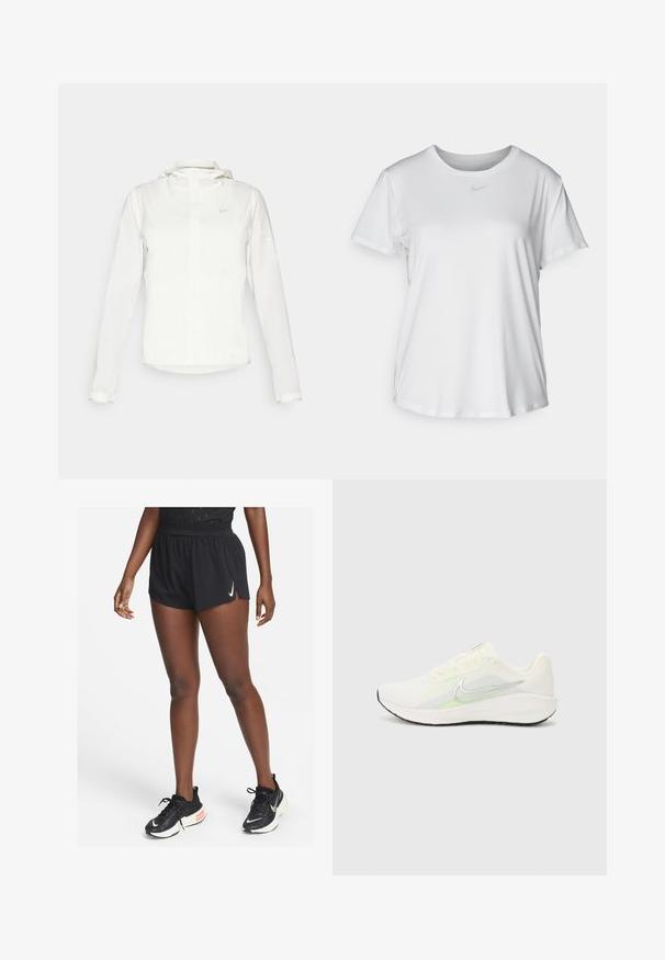 Chaqueta blanca de Nike con capucha, cremallera completa, puños elásticos y un logo sutil en el pecho. Textura suave y diseño ligero.; Camiseta blanca de manga corta hecha de tejido suave, con un escote redondo y un pequeño logo de Nike gris en el pecho.; Pantalones cortos deportivos negros con cintura fruncida y aberturas laterales, hechos de material ligero, combinados con zapatillas negras de correr con un logo blanco.; Nike Performance DOWNSHIFTER 13 - Zapatillas running asfalto - sail/silver-coloured photon dust/summit white/barely volt/black