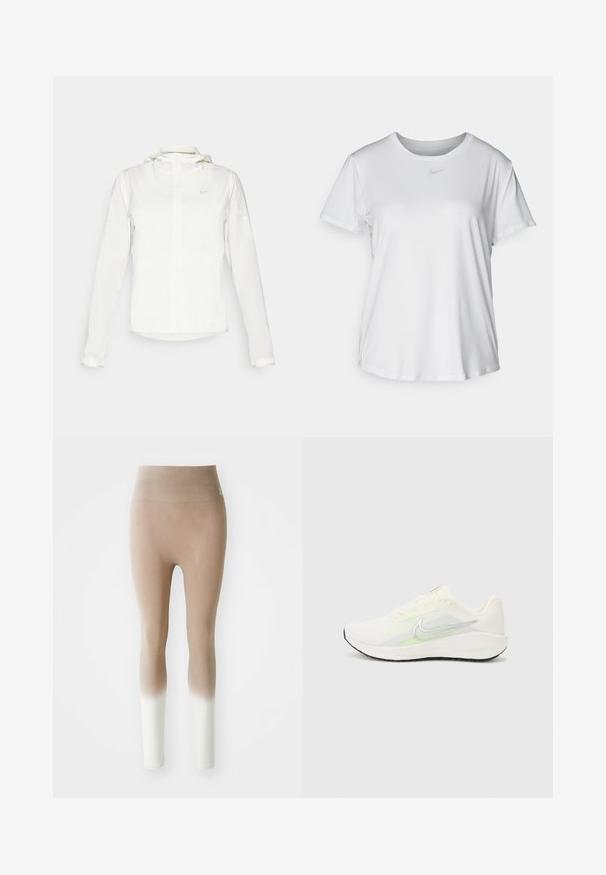 Weiße Nike-Jacke mit Kapuze, durchgehendem Reißverschluss, elastischen Bündchen und einem dezenten Logo auf der Brust. Glatte Textur und leichtes Design.; Weißes T-Shirt mit kurzen Ärmeln aus glattem Stoff, Rundhalsausschnitt und einem kleinen grauen Nike-Logo auf der Brust.; Beige-zu-weiß Ombre nahtlose Leggings mit hohem Taillenbund, vor einem schlichten weißen Hintergrund präsentiert.; Nike Performance DOWNSHIFTER 13 - Laufschuh Straße - sail/silver-coloured photon dust/summit white/barely volt/black