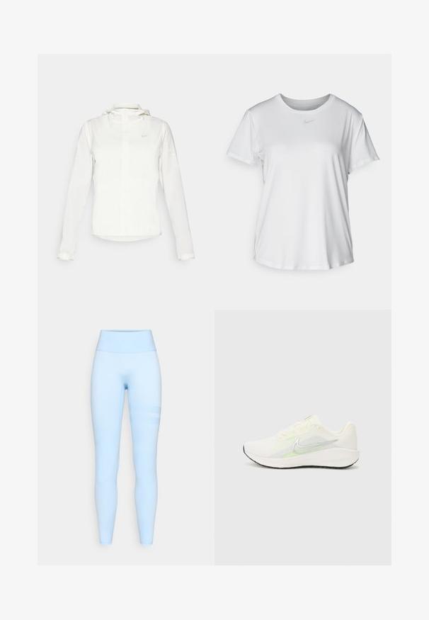Giacca Nike bianca con cappuccio, zip completa, polsini elasticizzati e un logo discreto sul petto. Texture liscia e design leggero.; T-shirt bianco a maniche corte realizzato in tessuto liscio, con scollatura tonda e un piccolo logo grigio Nike sul petto.; Leggings azzurri chiari realizzati in tessuto elasticizzato con un alto elastico in vita. Presentano una texture liscia e un sottile motivo a strisce sui lati.; Nike Performance DOWNSHIFTER 13 - Scarpe da corsa su strada - sail/silver-coloured photon dust/summit white/barely volt/black