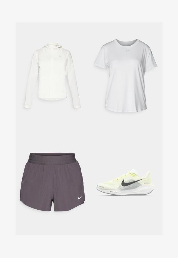 Weiße Nike-Jacke mit Kapuze, durchgehendem Reißverschluss, elastischen Bündchen und einem dezenten Logo auf der Brust. Glatte Textur und leichtes Design.; Weißes T-Shirt mit kurzen Ärmeln aus glattem Stoff, Rundhalsausschnitt und einem kleinen grauen Nike-Logo auf der Brust.; Nike Laufshorts in Dunkelgrau, mit einem breiten elastischen Bund, leichtem Material, seitlichen Taschen und einem dezenten Logo in Weiß.; Nike Laufschuhe mit einem hellgelben und weißen Mesh-Obermaterial, grauen Akzenten und einer flexiblen Gummisohle. Verfügt über einen Schnürverschluss.