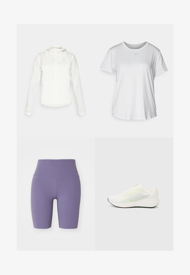 Vit Nike-jacka med huva, hel dragkedja, elastiska ärmslutar och en diskret logotyp på bröstet. Slät textur och lätt design.; Vit T-shirt med kort ärm tillverkad av slätt material, med rund halsringning och en liten grå Nike-logotyp på bröstet.; Nike Performance ZENVY 8IN SHORT - Tights - daybreak/black; Nike Performance DOWNSHIFTER 13 - Väglöparskor - sail/silver-coloured photon dust/summit white/barely volt/black