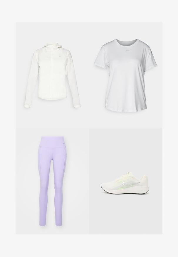White Nike jacket with a hood, full zip, elastic cuffs, and a subtle logo on the chest. Smooth texture and lightweight design.; White short-sleeve T-shirt made of smooth fabric, featuring a round neckline and a small grey Nike logo on the chest.; Nike Performance UNIVERSA - Leggings - lilac bloom; Nike Performance DOWNSHIFTER 13 - Road running shoes - sail/silver-coloured photon dust/summit white/barely volt/black