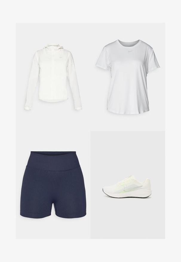 White Nike jacket with a hood, full zip, elastic cuffs, and a subtle logo on the chest. Smooth texture and lightweight design.; White short-sleeve T-shirt made of smooth fabric, featuring a round neckline and a small grey Nike logo on the chest.; Navy blue athletic shorts made from a stretchy fabric. High waistband, smooth texture, and no visible patterns or embellishments.; Nike Performance DOWNSHIFTER 13 - Road running shoes - sail/silver-coloured photon dust/summit white/barely volt/black