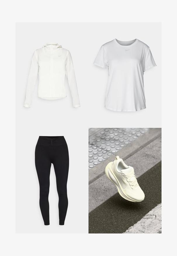 Valkoinen Nike-takki hupulla, täyspitkällä vetoketjulla, joustavilla hihansuilla ja hillityllä logolla rinnassa. Sujuva pinta ja kevyt muotoilu.; Valkoinen lyhythihainen T-paita, joka on valmistettu sileästä kankaasta. Paidoissa on pyöreä kaula-aukko ja rintaan on painettu pieni harmaa Nike-logo.; Yogasearcher NALA - Trikoot - black; Valkoinen juoksukenkiä, jossa on teksturoitu päällinen, verkkopaneelit, nauhat ja pehmeä pohja. Sisältää heijastavan yksityiskohdan ja lievän kaarevuuden.