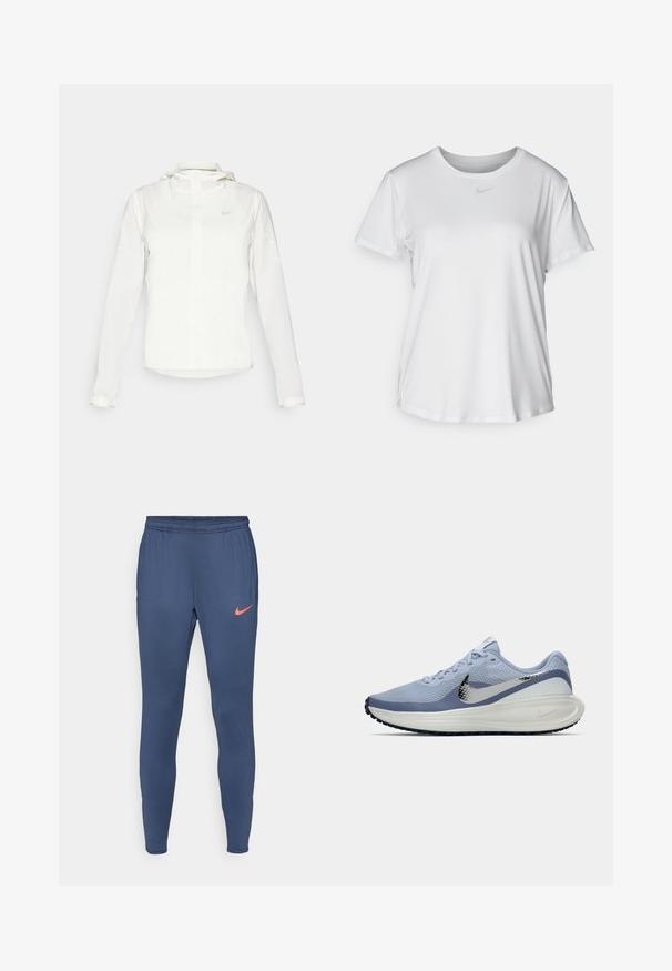Fehér Nike dzseki kapucnival, teljes cipzárral, rugalmas mandzsettákkal és egy diszkrét logóval a mellkason. Sima textúrájú és könnyű kialakítású.; Fehér, rövid ujjú póló sima anyagból, kerek nyakkivágással és egy kis szürke Nike logóval a mellkason.; Tengerészkék sportnadrág, amelynek karcsúsított fazonja van, elasztikus derékkal és egy apró narancssárga Nike logóval a bal combon. Simlító állag.; Világoskék és fehér Nike futócipő ezüst swoosh logóval, légáteresztő hálós felsővel, párnázott talppal és fekete talpkiképzéssel.