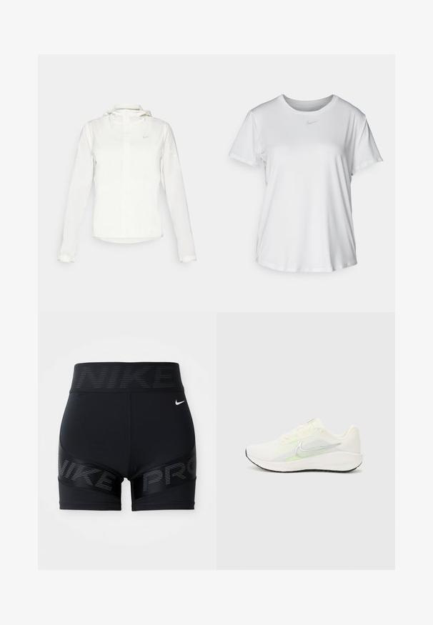 Giacca Nike bianca con cappuccio, zip completa, polsini elasticizzati e un logo discreto sul petto. Texture liscia e design leggero.; T-shirt bianco a maniche corte realizzato in tessuto liscio, con scollatura tonda e un piccolo logo grigio Nike sul petto.; Pantaloni sportivi neri con una fascia in vita ampia e il logo "NIKE", texture liscia e accenti riflettenti sui lati.; Nike Performance DOWNSHIFTER 13 - Scarpe da corsa su strada - sail/silver-coloured photon dust/summit white/barely volt/black