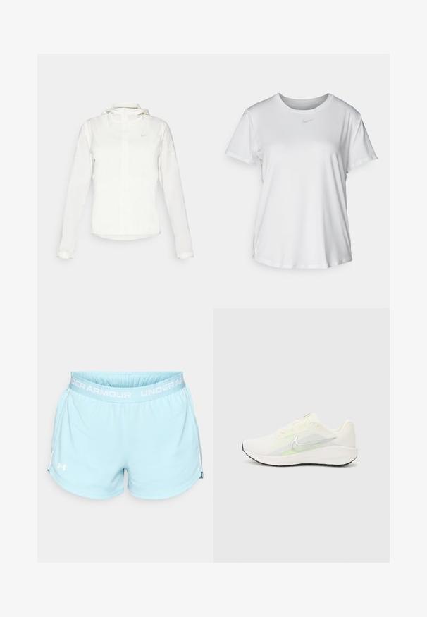 Balta Nike jaka ar kapuci, pilna rāvējslēdzēja, elastīgām piedurknēm un diskrētu logotipu uz krūšu daļas. Gluda tekstūra un viegla konstrukcija.; Balta īsām piedurknēm T-kreklā, kas izgatavota no gludas auduma, ar apaļo kakla izgriezumu un mazu pelēku Nike logo uz krūšu.; Gaiši zili sporta šorti ar elastīgu jostasvietu, kurai ir balts "UNDER ARMOUR" logo un smalkas sānu spraugas apakšmalā.; Nike Performance DOWNSHIFTER 13 - Apavi skriešanai pa asfaltu - sail/silver-coloured photon dust/summit white/barely volt/black