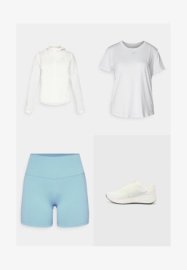 White Nike jacket with a hood, full zip, elastic cuffs, and a subtle logo on the chest. Smooth texture and lightweight design.; White short-sleeve T-shirt made of smooth fabric, featuring a round neckline and a small grey Nike logo on the chest.; Nike Performance ONE SHORT - Leggings - denim turquoise/black; Nike Performance DOWNSHIFTER 13 - Road running shoes - sail/silver-coloured photon dust/summit white/barely volt/black