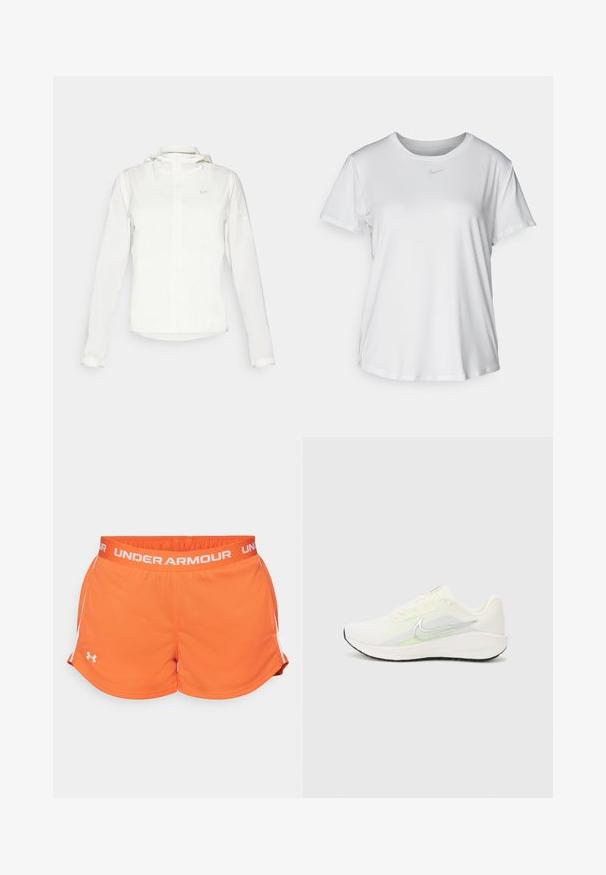 Chaqueta blanca de Nike con capucha, cremallera completa, puños elásticos y un logo sutil en el pecho. Textura suave y diseño ligero.; Camiseta blanca de manga corta hecha de tejido suave, con un escote redondo y un pequeño logo de Nike gris en el pecho.; Pantalones cortos deportivos naranjas con textura tejida, cinturilla elástica y detalles en blanco a los lados. Presenta el logo "UNDER ARMOUR" en blanco.; Nike Performance DOWNSHIFTER 13 - Zapatillas running asfalto - sail/silver-coloured photon dust/summit white/barely volt/black