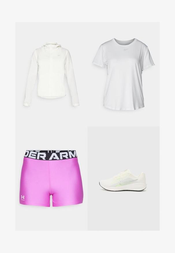 Witte Nike-jack met een capuchon, volledige rits, elastische manchetten en een subtiele logo op de borst. Gladde textuur en lichtgewicht ontwerp.; Witte T-shirt met korte mouwen van gladde stof, met een ronde halslijn en een klein grijs Nike-logo op de borst.; Roze sportshorts met een gladde textuur. Zwarte tailleband met "UNDER ARMOUR" in witte letters. Logo op het linkerbeen.; Nike Performance DOWNSHIFTER 13 - Hardloopschoenen voor op de weg - sail/silver-coloured photon dust/summit white/barely volt/black