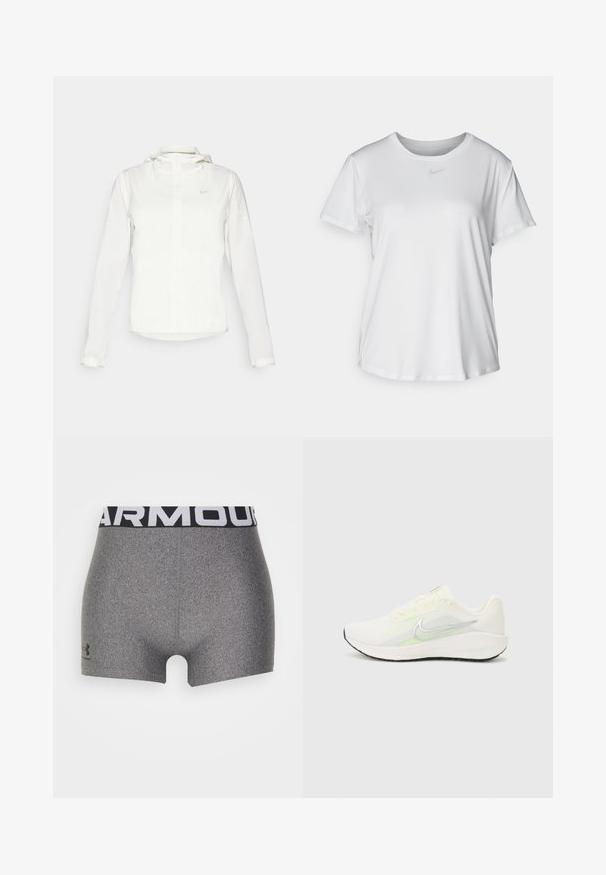 Bílá bunda Nike s kapucí, plným zipem, elastickými manžetami a decentním logem na hrudi. Hladká textura a lehký design.; Bílý krátký rukáv tričko z hladké tkaniny, s kulatým výstřihem a malým šedým logem Nike na hrudi.; Šedé sportovní šortky s přiléhavým střihem, vyrobené z texturovaného materiálu. Jsou vybaveny širokým černým pasem s nápisem "ARMOUR" v bílé barvě.; Nike Performance DOWNSHIFTER 13 - Silniční běžecké boty - sail/silver-coloured photon dust/summit white/barely volt/black