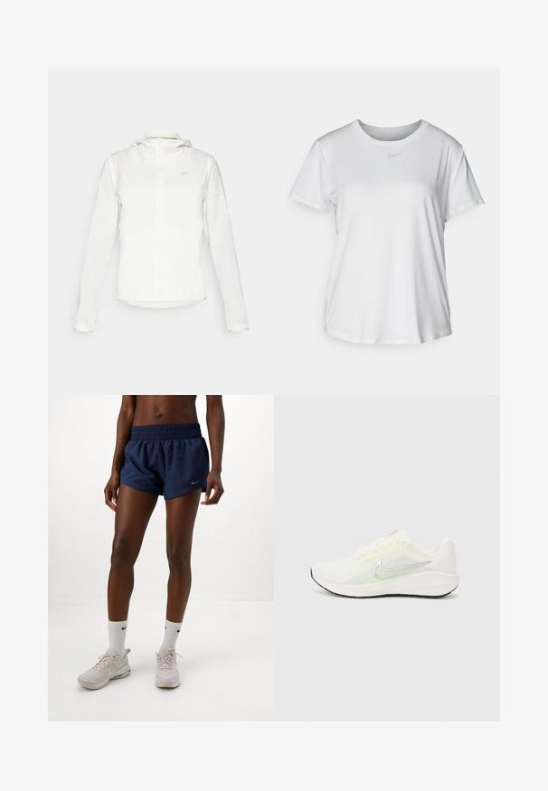 Chaqueta blanca de Nike con capucha, cremallera completa, puños elásticos y un logo sutil en el pecho. Textura suave y diseño ligero.; Camiseta blanca de manga corta hecha de tejido suave, con un escote redondo y un pequeño logo de Nike gris en el pecho.; Mujer vestida con pantalones cortos atléticos azul marino, calcetines blancos de Nike y zapatillas de Nike rosa claro, de pie frente a un fondo blanco liso.; Nike Performance DOWNSHIFTER 13 - Zapatillas running asfalto - sail/silver-coloured photon dust/summit white/barely volt/black