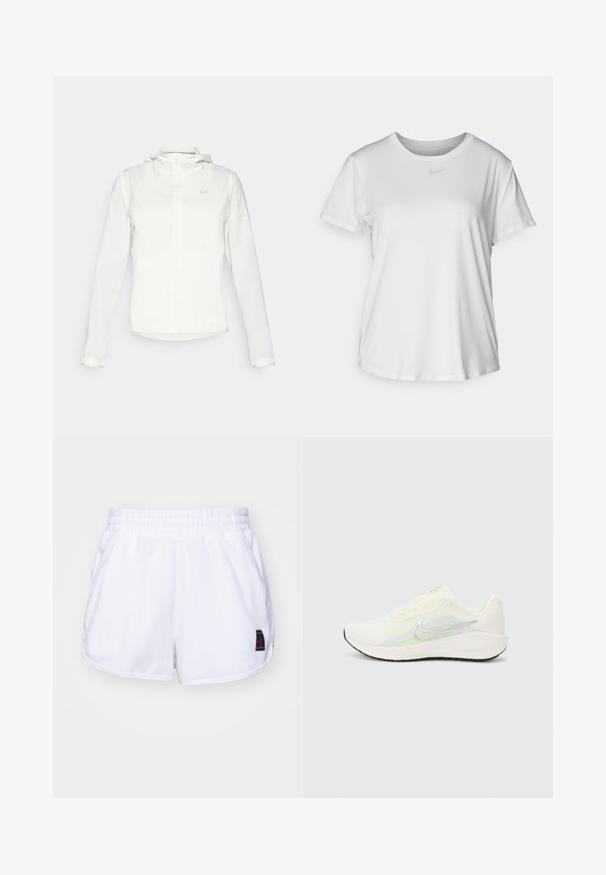 Vit Nike-jacka med huva, hel dragkedja, elastiska ärmslutar och en diskret logotyp på bröstet. Slät textur och lätt design.; Vit T-shirt med kort ärm tillverkad av slätt material, med rund halsringning och en liten grå Nike-logotyp på bröstet.; Nike Performance HERITAGE - Träningsshorts - white; Nike Performance DOWNSHIFTER 13 - Väglöparskor - sail/silver-coloured photon dust/summit white/barely volt/black