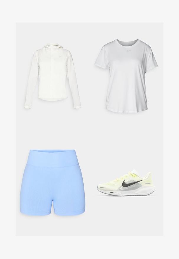 Giacca Nike bianca con cappuccio, zip completa, polsini elasticizzati e un logo discreto sul petto. Texture liscia e design leggero.; T-shirt bianco a maniche corte realizzato in tessuto liscio, con scollatura tonda e un piccolo logo grigio Nike sul petto.; Shorts azzurri chiari realizzati in un tessuto morbido ed elastico. Presentano una cintura ampia a costine e un design semplice senza motivi o dettagli visibili.; Scarpe da corsa Nike con una tomaia in rete giallo chiaro e bianco, dettagli grigi e una suola in gomma flessibile. Presentano una chiusura con lacci.