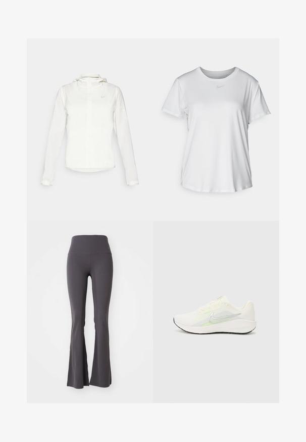 Biała kurtka Nike z kapturem, na zamek błyskawiczny, elastyczne mankiety i subtelne logo na piersi. Gładka tekstura i lekka konstrukcja.; Biała koszulka z krótkim rękawem, uszyta z gładkiego materiału, z okrągłym dekoltem i małym szarym logo Nike na piersi.; Szare, rozszerzające się spodnie do jogi wykonane z elastycznego materiału. Wysoki pas i gładka struktura, charakteryzujące się dopasowanym krojem aż do rozszerzających się nogawek.; Nike Performance DOWNSHIFTER 13 biały