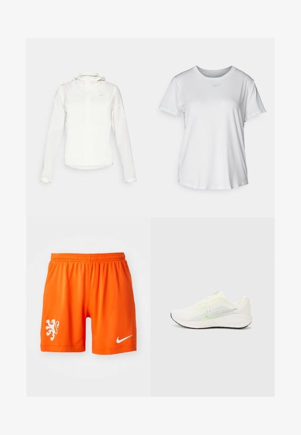 Witte Nike-jack met een capuchon, volledige rits, elastische manchetten en een subtiele logo op de borst. Gladde textuur en lichtgewicht ontwerp.; Witte T-shirt met korte mouwen van gladde stof, met een ronde halslijn en een klein grijs Nike-logo op de borst.; Oranje sportshorts met een elastische tailleband, met een wit leeuwenlogo op de linker broekspijp en een witte Nike swoosh op de rechter.; Nike Performance DOWNSHIFTER 13 - Hardloopschoenen voor op de weg - sail/silver-coloured photon dust/summit white/barely volt/black