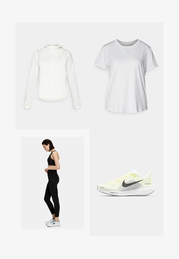 Veste blanche Nike avec capuche, fermeture éclair intégrale, poignets élastiques et un logo discret sur la poitrine. Texture lisse et design léger.; T-shirt blanc à manches courtes en tissu lisse, avec un col rond et un petit logo Nike gris sur la poitrine.; Soutien-gorge de sport noir et leggings à taille haute. Présente une texture lisse et un design ajusté. Assortis à des baskets blanches et grises.; Baskets de course Nike avec une tige en mesh jaune clair et blanche, des accents gris et une semelle en caoutchouc flexible. Présentent un système de laçage.