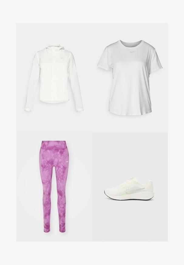 Bílá bunda Nike s kapucí, plným zipem, elastickými manžetami a decentním logem na hrudi. Hladká textura a lehký design.; Bílý krátký rukáv tričko z hladké tkaniny, s kulatým výstřihem a malým šedým logem Nike na hrudi.; Růžové legíny s mramorovým vzorem, vybavené elastickým pasem a hladkým povrchem. Logo značky je zobrazeno bílou barvou na boku.; Nike Performance DOWNSHIFTER 13 - Silniční běžecké boty - sail/silver-coloured photon dust/summit white/barely volt/black
