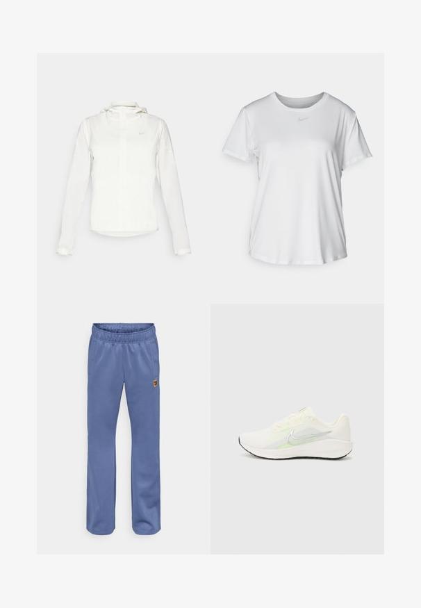 Hvid Nike-jakke med hætte, fuld lynlås, elastiske manchetter og et diskret logo på brystet. Glat tekstur og let design.; Hvid kortærmet T-shirt lavet af glat materiale, med en rund halsudskæring og et lille gråt Nike-logo på brystet.; Blå sweatpants med elastisk talje, sidelommer og et lille, flerfarvet logo-patch nær venstre lomme. Blød stofstruktur.; Nike Performance DOWNSHIFTER 13 - Løbesko til landevejen - sail/silver-coloured photon dust/summit white/barely volt/black