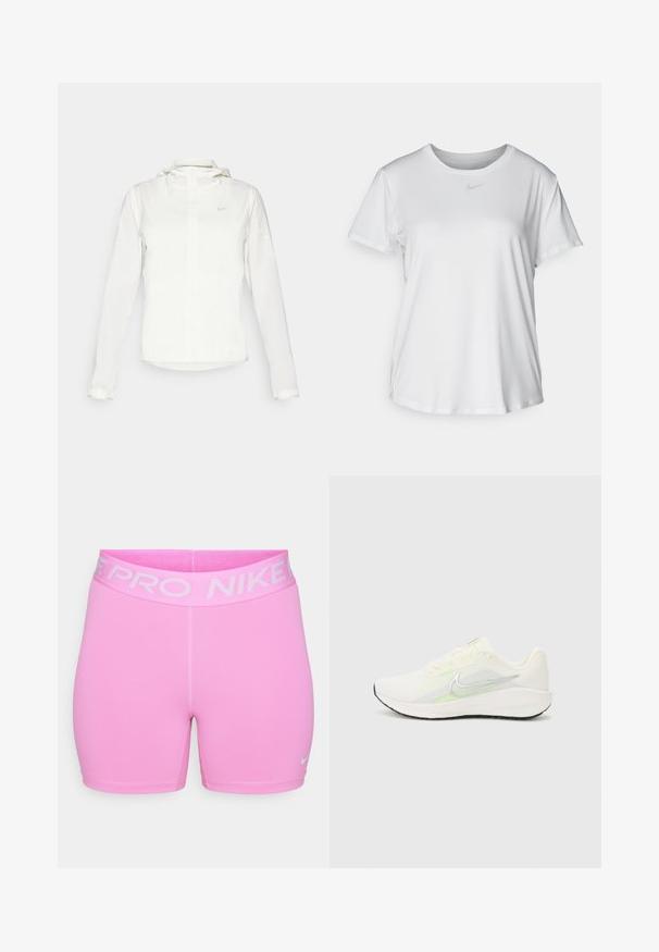 Valge Nike jakker, millel on kapuuts, täispikk tõmblukk, elastsed mansetid ja diskreetne logo rinnal. Sile tekstuur ja kerge disain.; Valge lühikeste varrukatega T-särk, mis on valmistatud siledast kangast, ümarate kaelustega ning mille rinnal on väike hall Nike logo.; Nike Pro lühikesed püksid erksas roosas, valmistatud siledast sünteetilisest materjalist. Omab laia logo vöökohta ja kitsast siluetti, kontrastset õmblust.; Nike Performance DOWNSHIFTER 13 - Maanteejooksu jalatsid - sail/silver-coloured photon dust/summit white/barely volt/black