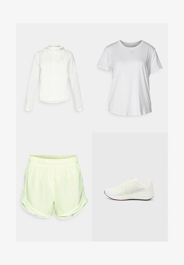Weiße Nike-Jacke mit Kapuze, durchgehendem Reißverschluss, elastischen Bündchen und einem dezenten Logo auf der Brust. Glatte Textur und leichtes Design.; Weißes T-Shirt mit kurzen Ärmeln aus glattem Stoff, Rundhalsausschnitt und einem kleinen grauen Nike-Logo auf der Brust.; Hellgrüne Sportshorts mit elastischem Bund, Netzseitenpartien und einem kleinen weißen Logo auf der unteren linken Seite.; Nike Performance DOWNSHIFTER 13 - Laufschuh Straße - sail/silver-coloured photon dust/summit white/barely volt/black