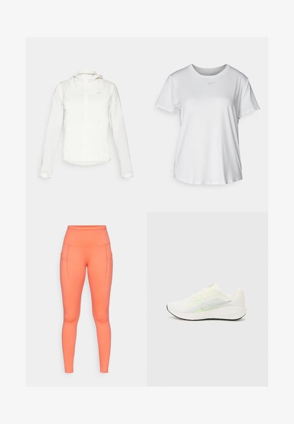 Weiße Nike-Jacke mit Kapuze, durchgehendem Reißverschluss, elastischen Bündchen und einem dezenten Logo auf der Brust. Glatte Textur und leichtes Design.; Weißes T-Shirt mit kurzen Ärmeln aus glattem Stoff, Rundhalsausschnitt und einem kleinen grauen Nike-Logo auf der Brust.; Hochgeschnittene, figurbetonte Leggings in leuchtendem Korallenrot, mit Seitentaschen und kontrastierenden Nähten für zusätzliche Details. Hergestellt aus dehnbarem Stoff.; Nike Performance DOWNSHIFTER 13 - Laufschuh Straße - sail/silver-coloured photon dust/summit white/barely volt/black