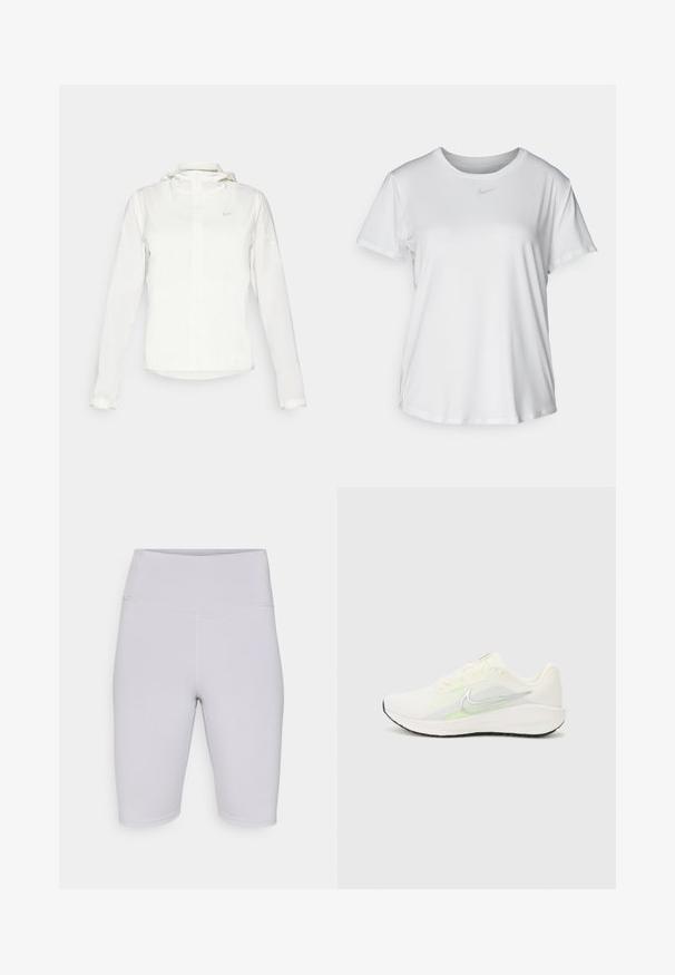 Fehér Nike dzseki kapucnival, teljes cipzárral, rugalmas mandzsettákkal és egy diszkrét logóval a mellkason. Sima textúrájú és könnyű kialakítású.; Fehér, rövid ujjú póló sima anyagból, kerek nyakkivágással és egy kis szürke Nike logóval a mellkason.; Világosszürke kerékpáros rövidnadrág rugalmas anyagból, magas derékkal, sima textúrával, látható minták vagy díszítések nélkül.; Nike Performance DOWNSHIFTER 13 - Utcai futócipők - sail/silver-coloured photon dust/summit white/barely volt/black