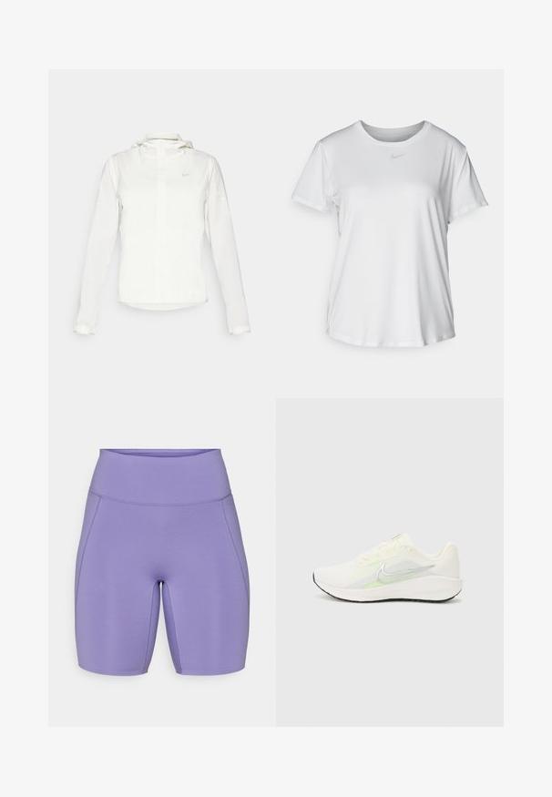 Weiße Nike-Jacke mit Kapuze, durchgehendem Reißverschluss, elastischen Bündchen und einem dezenten Logo auf der Brust. Glatte Textur und leichtes Design.; Weißes T-Shirt mit kurzen Ärmeln aus glattem Stoff, Rundhalsausschnitt und einem kleinen grauen Nike-Logo auf der Brust.; Lila Sportshorts mit hohem Bund, tailliertem Schnitt, glatter Textur und dezenten Nahtdetails an den Seiten.; Nike Performance DOWNSHIFTER 13 - Laufschuh Straße - sail/silver-coloured photon dust/summit white/barely volt/black