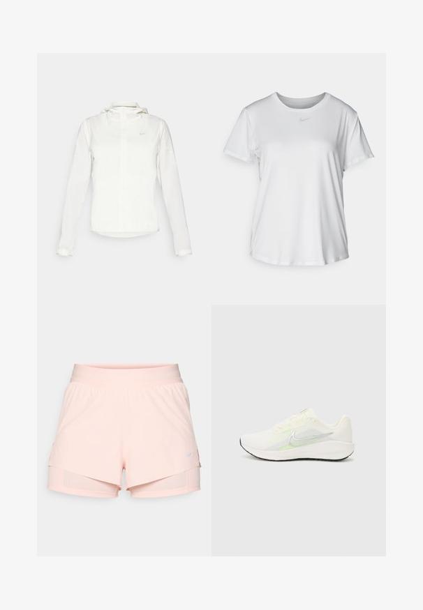 Biela Nike bunda s kapucňou, plným zipsom, elastickými manžetami a jemným logom na hrudi. Hladká textúra a ľahký dizajn.; Biela krátkosrstá tričko s hladkým materiálom, so zaobleným výstrihom a malým šedým logom Nike na hrudi.; Svetlo ružové športové šortky s elastickým pásom, vrstveným dizajnom a vstavanými kompresnými šortkami pod nimi. Obsahujú malú Nike logo.; Nike Performance DOWNSHIFTER 13 - Cestná bežecká obuv - sail/silver-coloured photon dust/summit white/barely volt/black