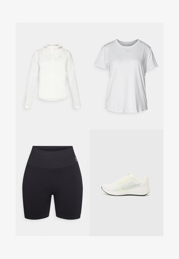 Witte Nike-jack met een capuchon, volledige rits, elastische manchetten en een subtiele logo op de borst. Gladde textuur en lichtgewicht ontwerp.; Witte T-shirt met korte mouwen van gladde stof, met een ronde halslijn en een klein grijs Nike-logo op de borst.; Zwarte high-waisted fietsshorts van rekbare stof. Heeft een gladde tailleband en aansluitende beenopeningen met een logo-detail aan de zijkant.; Nike Performance DOWNSHIFTER 13 - Hardloopschoenen voor op de weg - sail/silver-coloured photon dust/summit white/barely volt/black