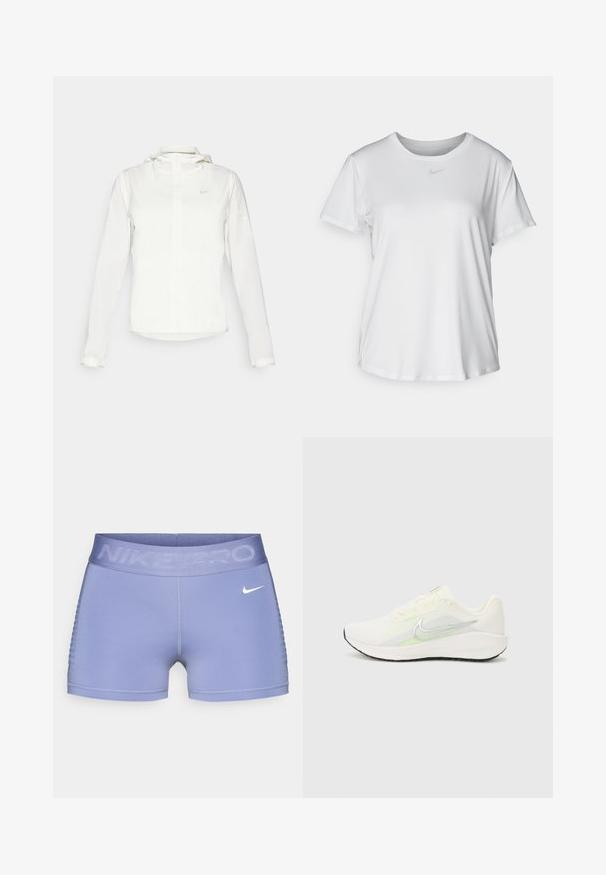 Bílá bunda Nike s kapucí, plným zipem, elastickými manžetami a decentním logem na hrudi. Hladká textura a lehký design.; Bílý krátký rukáv tričko z hladké tkaniny, s kulatým výstřihem a malým šedým logem Nike na hrudi.; Nike Pro kompresní šortky ve světlé fialové barvě, s širokým pasem se textem "NIKE PRO", hladkým povrchem a vzorovanými bočními akcenty.; Nike Performance DOWNSHIFTER 13 - Silniční běžecké boty - sail/silver-coloured photon dust/summit white/barely volt/black