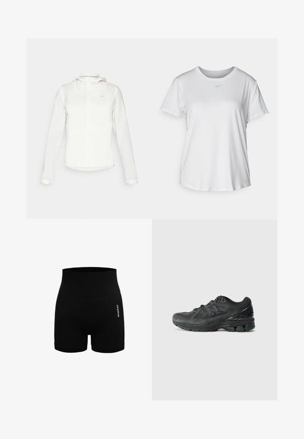 Weiße Nike-Jacke mit Kapuze, durchgehendem Reißverschluss, elastischen Bündchen und einem dezenten Logo auf der Brust. Glatte Textur und leichtes Design.; Weißes T-Shirt mit kurzen Ärmeln aus glattem Stoff, Rundhalsausschnitt und einem kleinen grauen Nike-Logo auf der Brust.; Schwarze Sportshorts aus glattem Stoff, mit einem breiten gerippten Bund, Seitennähten und einem kleinen weißen Logo auf der Vorderseite.; Schwarze Laufschuhe mit einem Mesh-Obermaterial, gepolstertem Kragen, synthetischen Akzenten und einer strukturierten Sohle mit sichtbaren Dämpfungselementen.