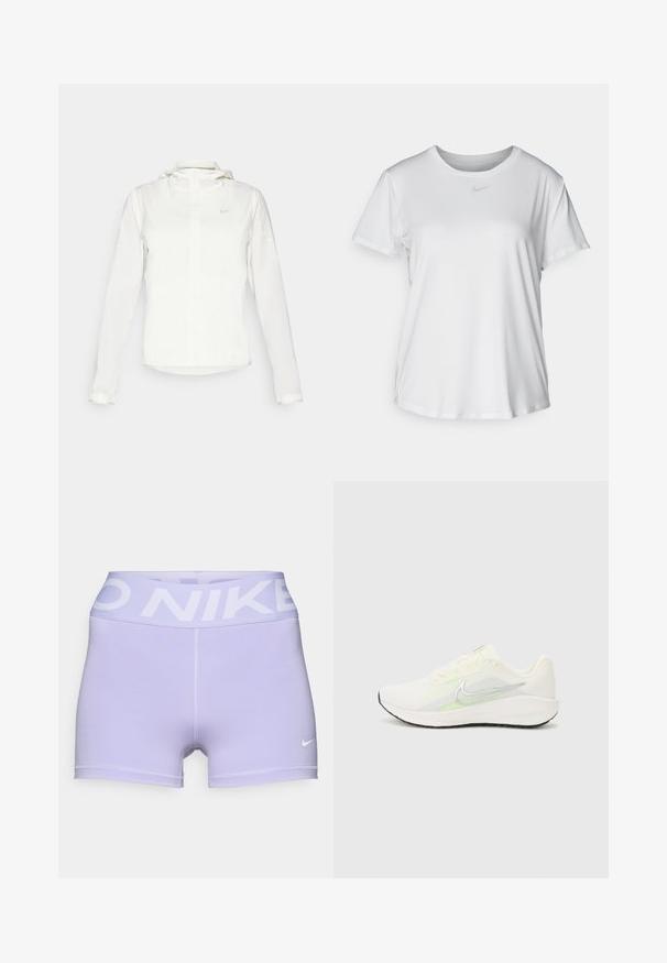 Vit Nike-jacka med huva, hel dragkedja, elastiska ärmslutar och en diskret logotyp på bröstet. Slät textur och lätt design.; Vit T-shirt med kort ärm tillverkad av slätt material, med rund halsringning och en liten grå Nike-logotyp på bröstet.; Lila sportshorts gjorda av elastiskt material. Har en bred midja med "NIKE" tryckt i vitt och en liten vit logotyp på benet.; Nike Performance DOWNSHIFTER 13 - Väglöparskor - sail/silver-coloured photon dust/summit white/barely volt/black