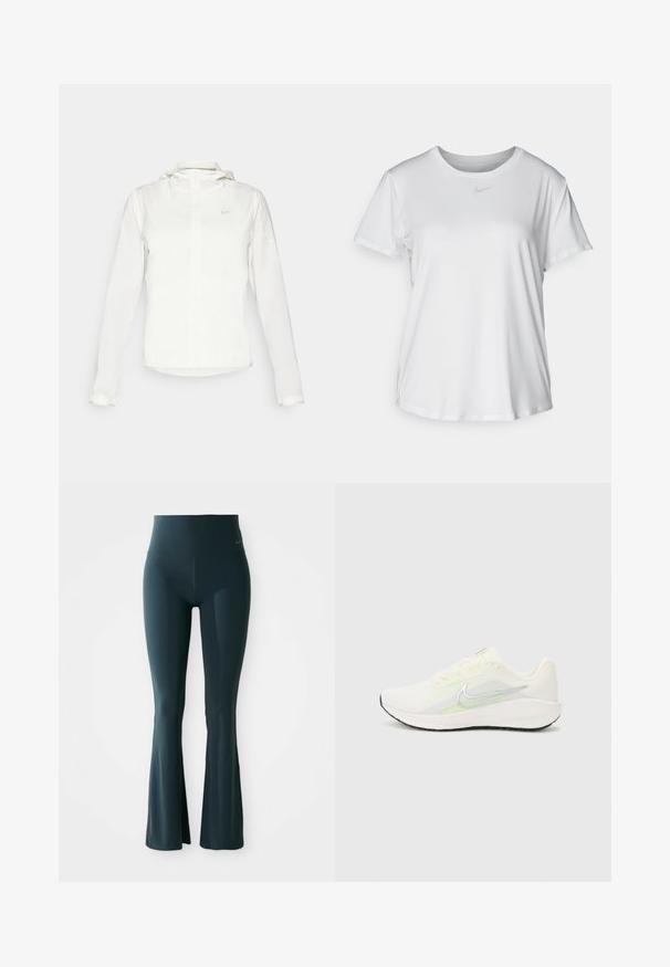 Biała kurtka Nike z kapturem, na zamek błyskawiczny, elastyczne mankiety i subtelne logo na piersi. Gładka tekstura i lekka konstrukcja.; Biała koszulka z krótkim rękawem, uszyta z gładkiego materiału, z okrągłym dekoltem i małym szarym logo Nike na piersi.; Ciemnozielone, rozszerzające się legginsy z wysokim stanem, wykonane z elastycznego materiału. Zawierają subtelny detal z logo w okolicy talii. Gładka textura.; Nike Performance DOWNSHIFTER 13 biały