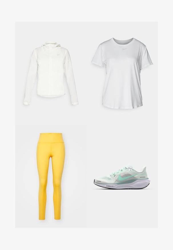 Witte Nike-jack met een capuchon, volledige rits, elastische manchetten en een subtiele logo op de borst. Gladde textuur en lichtgewicht ontwerp.; Witte T-shirt met korte mouwen van gladde stof, met een ronde halslijn en een klein grijs Nike-logo op de borst.; Girlfriend Collective COMPRESSIVE HIGH RISE LEGGING LONG - Tights - golden glow; Lichte hardloopschoen met een ademend mesh bovenwerk in wit en mintgroen. Beschikt over TPU-accenten, een gevoerde zool en een gestructureerde buitenzool.