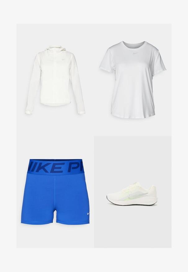 Bela Nike jakna s kapuco, polno zadrgo, elastičnimi manšetami in diskretnim logotipom na prsih. Gladka tekstura in lahko oblikovanje.; Bela kratka majica s kratkimi rokavi, izdelana iz gladkega blaga, z okroglim izrezom in majhnim sivim logotipom Nike na prsih.; Modri športni šort se izdelani iz gladkega, elastičnega materiala. Ima širok pas s napisom "NIKE PRO" v temno modri barvi in majhnim logotipom Nike v belem.; Nike Performance DOWNSHIFTER 13 - Tekaški copati za cesto - sail/silver-coloured photon dust/summit white/barely volt/black
