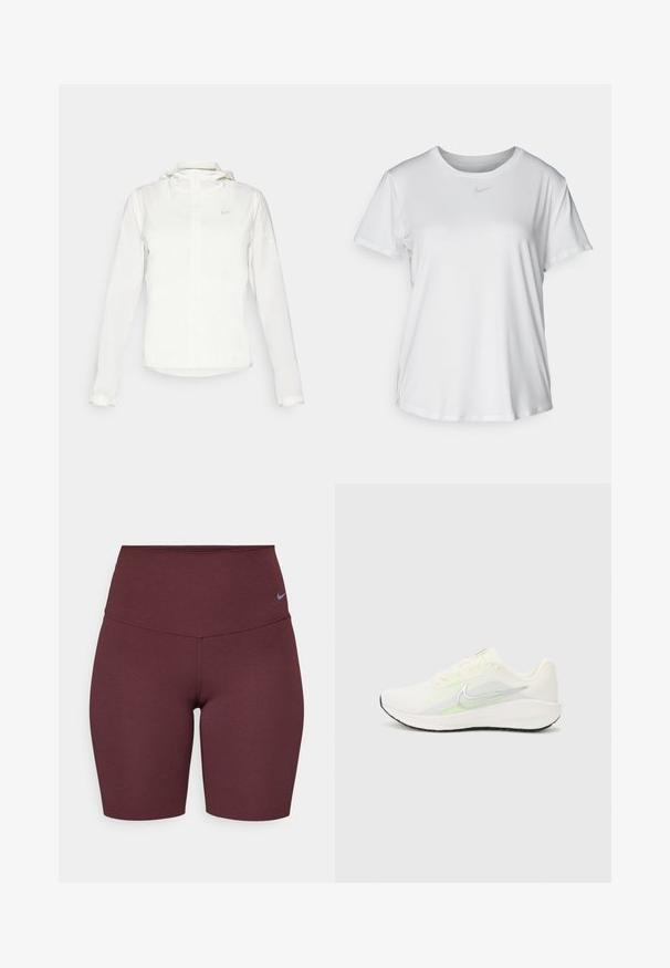 Balta Nike jaka ar kapuci, pilna rāvējslēdzēja, elastīgām piedurknēm un diskrētu logotipu uz krūšu daļas. Gluda tekstūra un viegla konstrukcija.; Balta īsām piedurknēm T-kreklā, kas izgatavota no gludas auduma, ar apaļo kakla izgriezumu un mazu pelēku Nike logo uz krūšu.; Burgundijas augsto jostu velo šorti, izgatavoti no elastīga materiāla, ar diskrētu pelēku Nike logo kreisajā pusē. Gluda tekstūra.; Nike Performance DOWNSHIFTER 13 - Apavi skriešanai pa asfaltu - sail/silver-coloured photon dust/summit white/barely volt/black