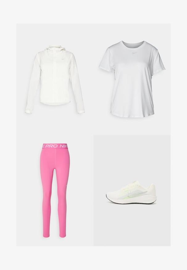 Bílá bunda Nike s kapucí, plným zipem, elastickými manžetami a decentním logem na hrudi. Hladká textura a lehký design.; Bílý krátký rukáv tričko z hladké tkaniny, s kulatým výstřihem a malým šedým logem Nike na hrudi.; Růžové sportovní legíny vyrobené z elastického materiálu, se širokým elastickým pasem s potiskem "NIKE PRO" a malým bílým logem Nike.; Nike Performance DOWNSHIFTER 13 - Silniční běžecké boty - sail/silver-coloured photon dust/summit white/barely volt/black