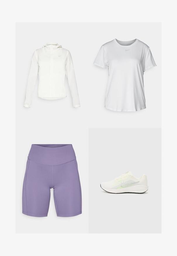 White Nike jacket with a hood, full zip, elastic cuffs, and a subtle logo on the chest. Smooth texture and lightweight design.; White short-sleeve T-shirt made of smooth fabric, featuring a round neckline and a small grey Nike logo on the chest.; Nike Performance ONE SHORT - Leggings - daybreak/black; Nike Performance DOWNSHIFTER 13 - Road running shoes - sail/silver-coloured photon dust/summit white/barely volt/black