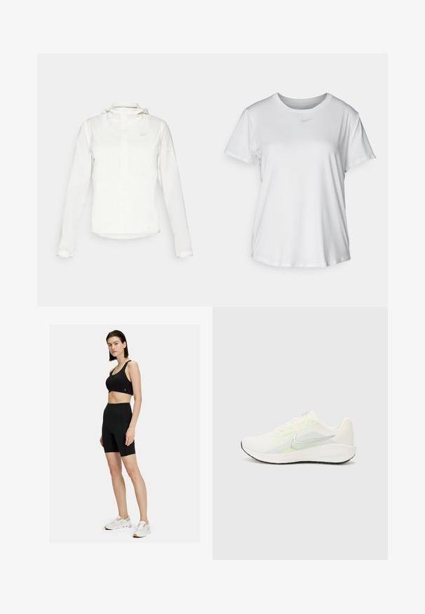 White Nike jacket with a hood, full zip, elastic cuffs, and a subtle logo on the chest. Smooth texture and lightweight design.; White short-sleeve T-shirt made of smooth fabric, featuring a round neckline and a small grey Nike logo on the chest.; On MOVEMENT - Leggings - black; Nike Performance DOWNSHIFTER 13 - Road running shoes - sail/silver-coloured photon dust/summit white/barely volt/black