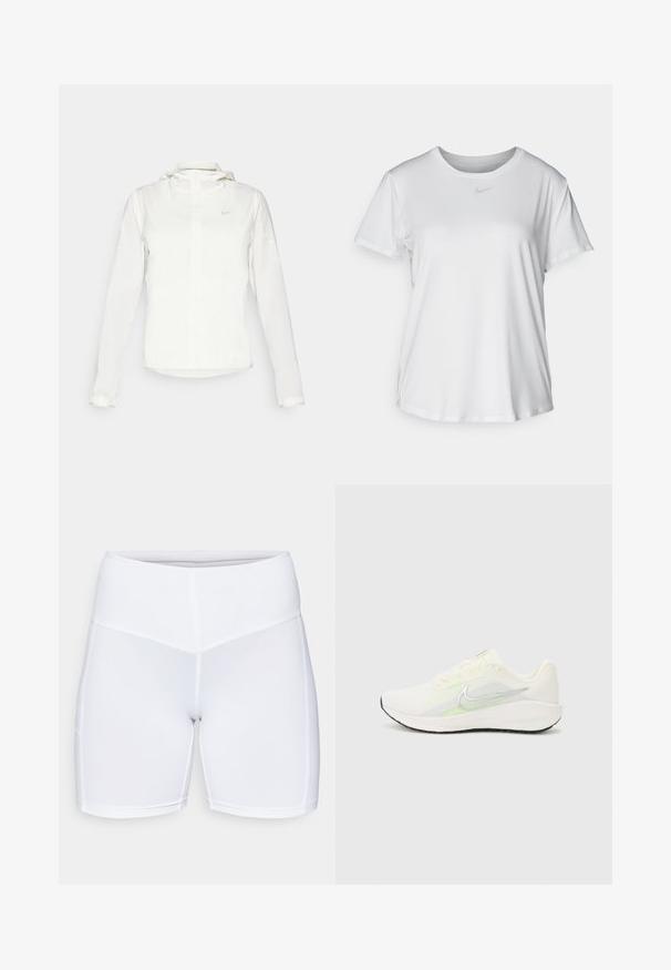 Biela Nike bunda s kapucňou, plným zipsom, elastickými manžetami a jemným logom na hrudi. Hladká textúra a ľahký dizajn.; Biela krátkosrstá tričko s hladkým materiálom, so zaobleným výstrihom a malým šedým logom Nike na hrudi.; Biele atletické šortky vyrobené z elastického materiálu, s vysokým pásom a plochými švami. Hladký povrch bez viditeľných vreciek alebo vzorov.; Nike Performance DOWNSHIFTER 13 - Cestná bežecká obuv - sail/silver-coloured photon dust/summit white/barely volt/black