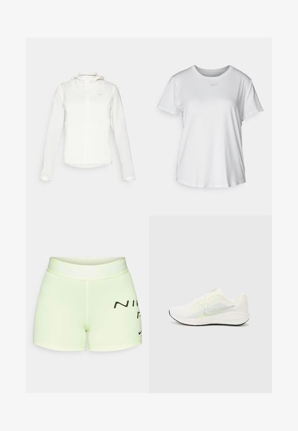 Giacca Nike bianca con cappuccio, zip completa, polsini elasticizzati e un logo discreto sul petto. Texture liscia e design leggero.; T-shirt bianco a maniche corte realizzato in tessuto liscio, con scollatura tonda e un piccolo logo grigio Nike sul petto.; Pantaloni sportivi di un verde chiaro realizzati in tessuto elasticizzato, con una cintura ampia con la scritta "NIKE PRO" e un accento di logo nero.; Nike Performance DOWNSHIFTER 13 - Scarpe da corsa su strada - sail/silver-coloured photon dust/summit white/barely volt/black
