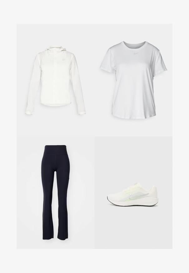 Giacca Nike bianca con cappuccio, zip completa, polsini elasticizzati e un logo discreto sul petto. Texture liscia e design leggero.; T-shirt bianco a maniche corte realizzato in tessuto liscio, con scollatura tonda e un piccolo logo grigio Nike sul petto.; Leggings neri svasati realizzati in tessuto elasticizzato con vita alta. Texture liscia e forma aderente, adatti per l'abbigliamento attivo.; Nike Performance DOWNSHIFTER 13 - Scarpe da corsa su strada - sail/silver-coloured photon dust/summit white/barely volt/black