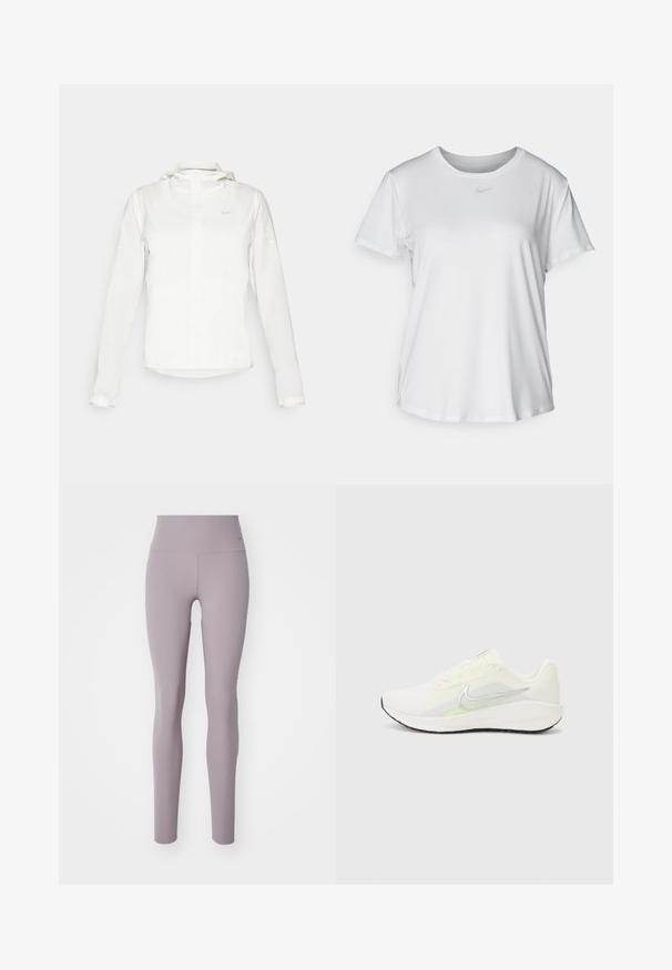 Hvit Nike-jakke med hette, hel glidelås, elastiske mansjetter og en diskret logo på brystet. Glatt tekstur og lett design.; Hvit kortermet T-skjorte laget av glatt stoff, med rund halsringning og en liten grå Nike-logo på brystet.; Nike Performance ZENVY - Tights - light violet ore/black; Nike Performance DOWNSHIFTER 13 - Løpesko for vei - sail/silver-coloured photon dust/summit white/barely volt/black