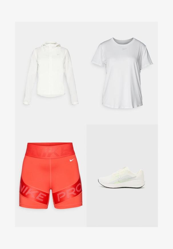 Bílá bunda Nike s kapucí, plným zipem, elastickými manžetami a decentním logem na hrudi. Hladká textura a lehký design.; Bílý krátký rukáv tričko z hladké tkaniny, s kulatým výstřihem a malým šedým logem Nike na hrudi.; Sytě červené kompresní šortky Nike Pro s širokým pasem, na kterém je text "NIKE" a malý bílý swoosh Nike na pravé přední straně.; Nike Performance DOWNSHIFTER 13 - Silniční běžecké boty - sail/silver-coloured photon dust/summit white/barely volt/black