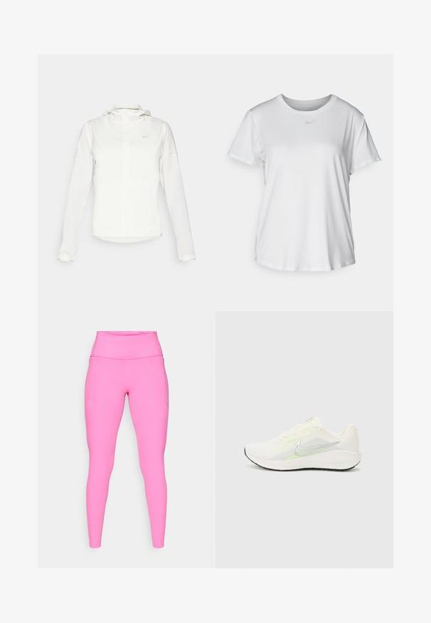 Weiße Nike-Jacke mit Kapuze, durchgehendem Reißverschluss, elastischen Bündchen und einem dezenten Logo auf der Brust. Glatte Textur und leichtes Design.; Weißes T-Shirt mit kurzen Ärmeln aus glattem Stoff, Rundhalsausschnitt und einem kleinen grauen Nike-Logo auf der Brust.; Rosa Leggings aus elastischem Material mit hohem Taillenbund und Seitentaschen, mit glatter Oberfläche und minimalen Nähten.; Nike Performance DOWNSHIFTER 13 - Laufschuh Straße - sail/silver-coloured photon dust/summit white/barely volt/black