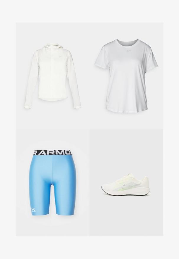 Balta Nike jaka ar kapuci, pilna rāvējslēdzēja, elastīgām piedurknēm un diskrētu logotipu uz krūšu daļas. Gluda tekstūra un viegla konstrukcija.; Balta īsām piedurknēm T-kreklā, kas izgatavota no gludas auduma, ar apaļo kakla izgriezumu un mazu pelēku Nike logo uz krūšu.; Zili kompresijas šorti, kas izgatavoti no gluda, elastīga materiāla. Iezīmēts melns jostasvīrs ar logo un pieguļošs dizains, kas paredzēts veiktspējai.; Nike Performance DOWNSHIFTER 13 - Apavi skriešanai pa asfaltu - sail/silver-coloured photon dust/summit white/barely volt/black