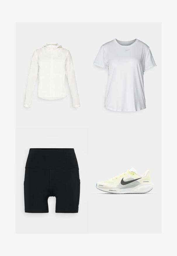 White Nike jacket with a hood, full zip, elastic cuffs, and a subtle logo on the chest. Smooth texture and lightweight design.; White short-sleeve T-shirt made of smooth fabric, featuring a round neckline and a small grey Nike logo on the chest.; Black athletic shorts made from stretchy material, featuring a high waist, fitted design, and flatlock seams for comfort and durability.; Nike running shoes with a light yellow and white mesh upper, grey accents, and a flexible rubber sole. Features a lace-up closure.