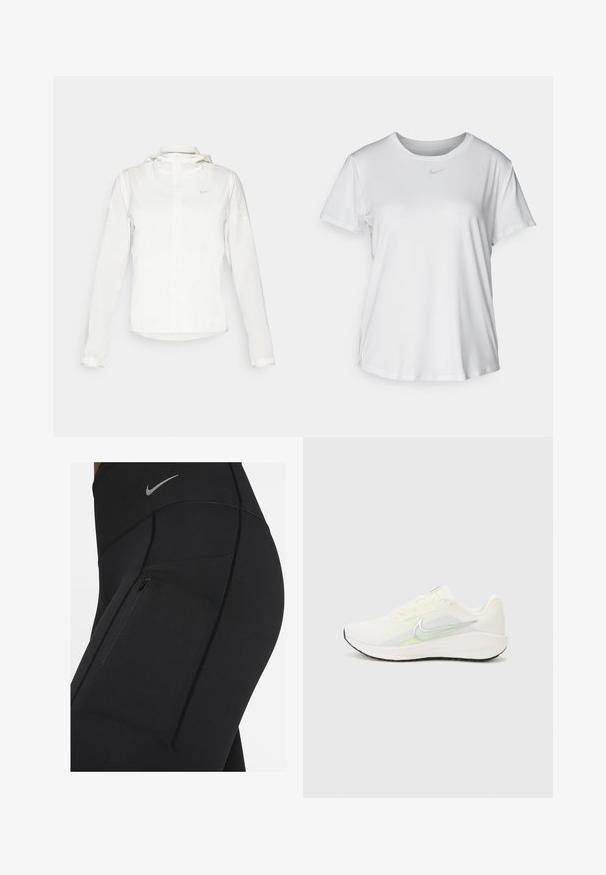 Fehér Nike dzseki kapucnival, teljes cipzárral, rugalmas mandzsettákkal és egy diszkrét logóval a mellkason. Sima textúrájú és könnyű kialakítású.; Fehér, rövid ujjú póló sima anyagból, kerek nyakkivágással és egy kis szürke Nike logóval a mellkason.; Fekete, magas derekú leggings rugalmas anyagból, cipzáras zsebbel és kontrasztos varrásokkal. Ezüst Nike logó a derékon.; Nike Performance DOWNSHIFTER 13 - Utcai futócipők - sail/silver-coloured photon dust/summit white/barely volt/black