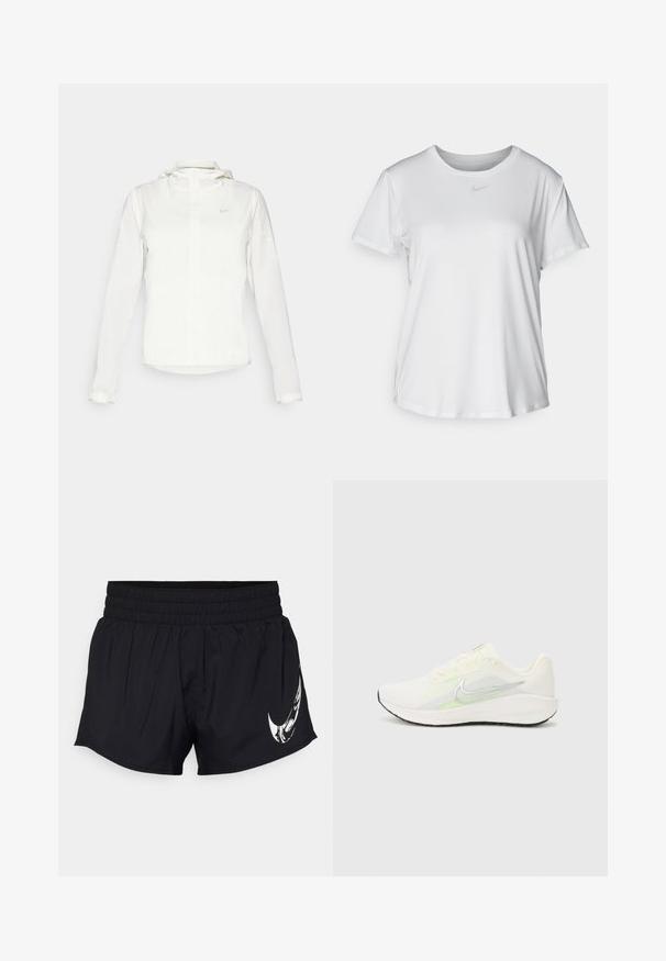 Weiße Nike-Jacke mit Kapuze, durchgehendem Reißverschluss, elastischen Bündchen und einem dezenten Logo auf der Brust. Glatte Textur und leichtes Design.; Weißes T-Shirt mit kurzen Ärmeln aus glattem Stoff, Rundhalsausschnitt und einem kleinen grauen Nike-Logo auf der Brust.; Nike Performance ONE - Kurze Sporthose - black/white; Nike Performance DOWNSHIFTER 13 - Laufschuh Straße - sail/silver-coloured photon dust/summit white/barely volt/black